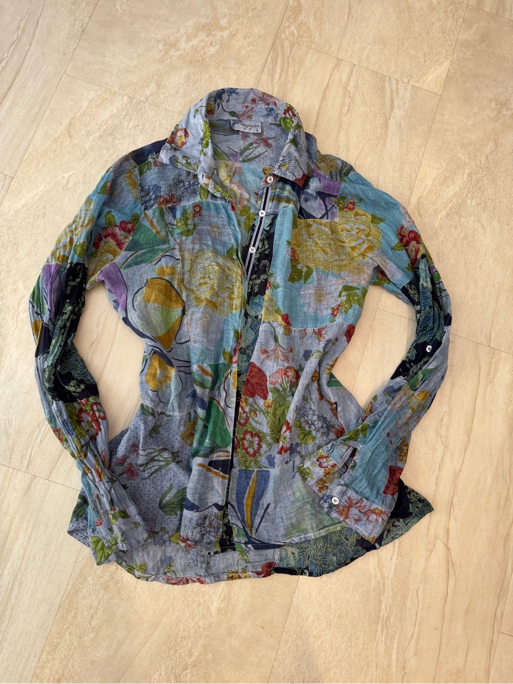 Floral Lightweight Blue chambray patchwork Button up shirt bojagi top